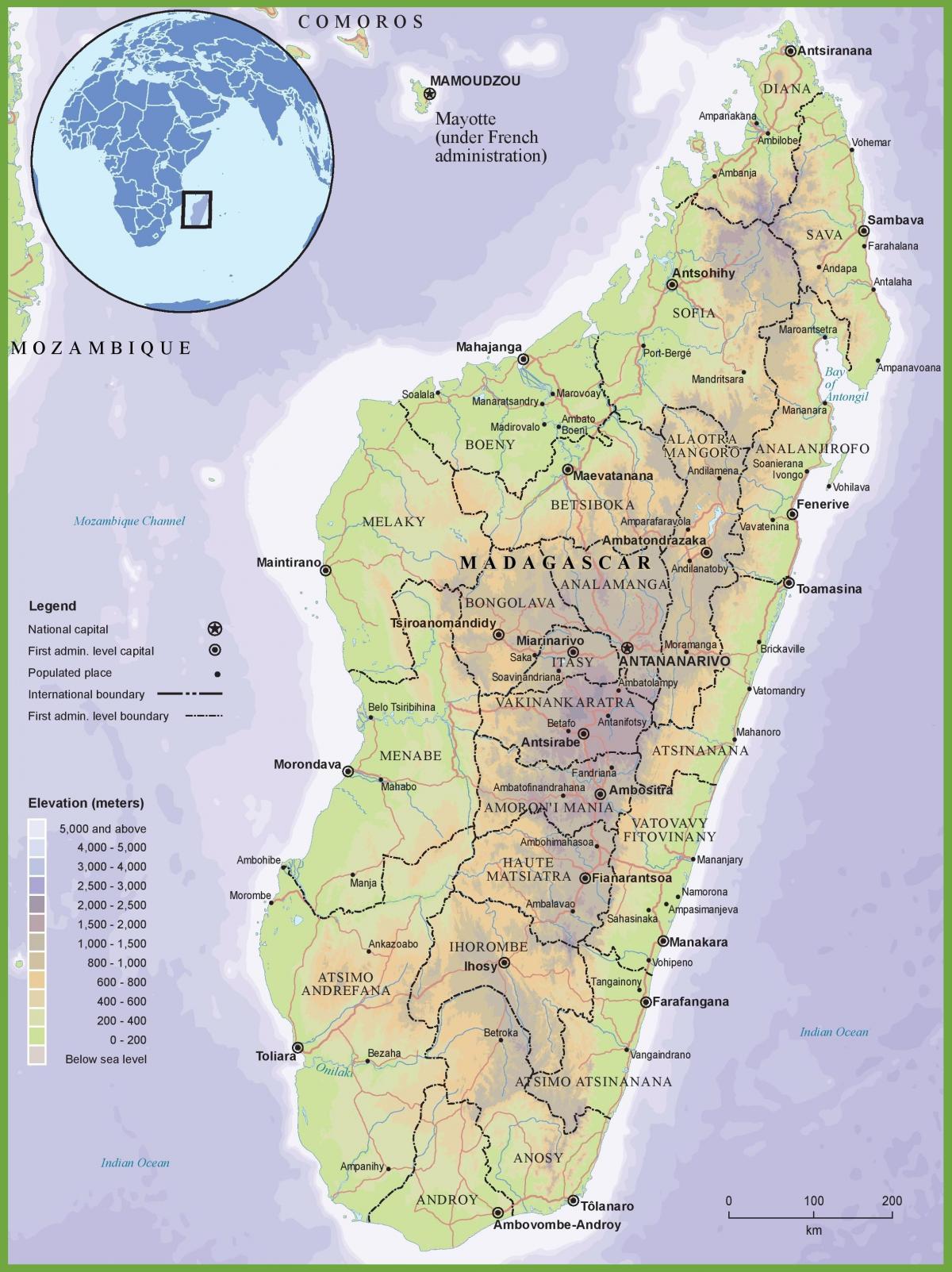 carte physique de la carte de Madagascar